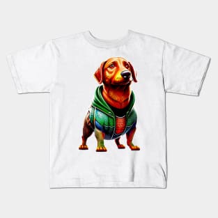 The Aqua-Hound: Dachshund in Bold Superhero Costume Tee Kids T-Shirt